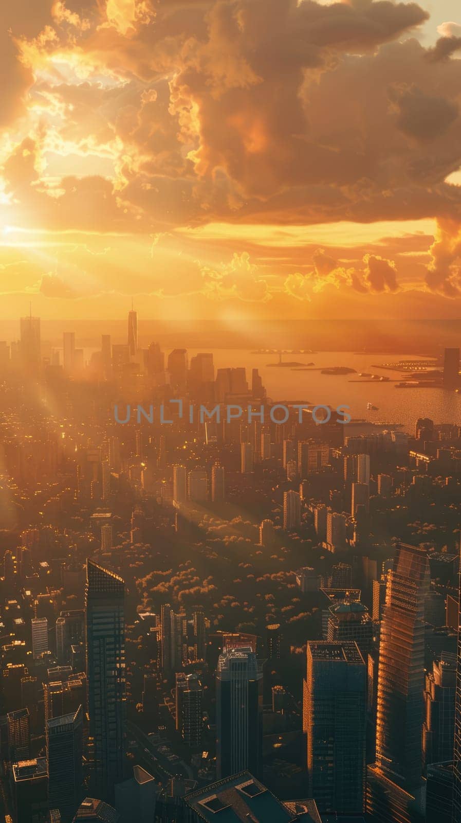 Aerial view of a big city with skyscrapers at sunset. Panorama of downtown. Vertical image. AI Generated.