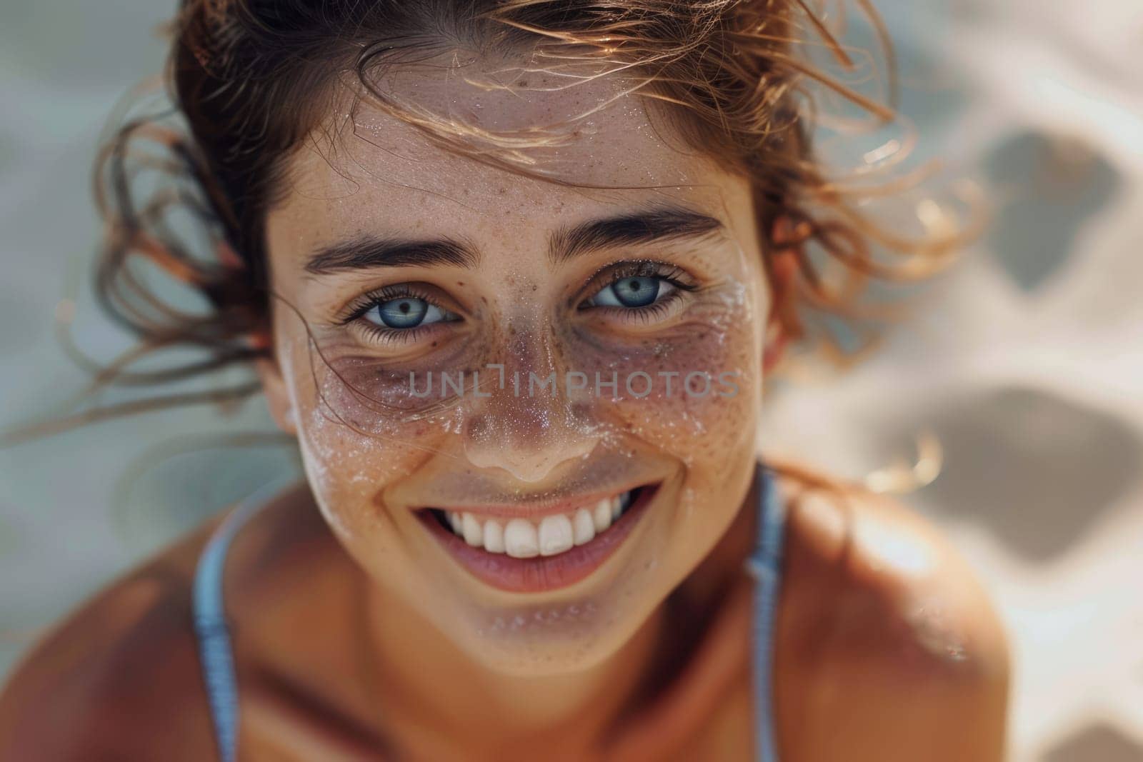 Beautiful happy smiling young woman with freckles on her face on the beach. AI Generated.
