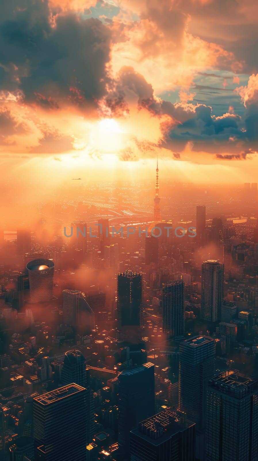 Aerial view of a big city with skyscrapers at sunset. Panorama of downtown. Vertical image. AI Generated.