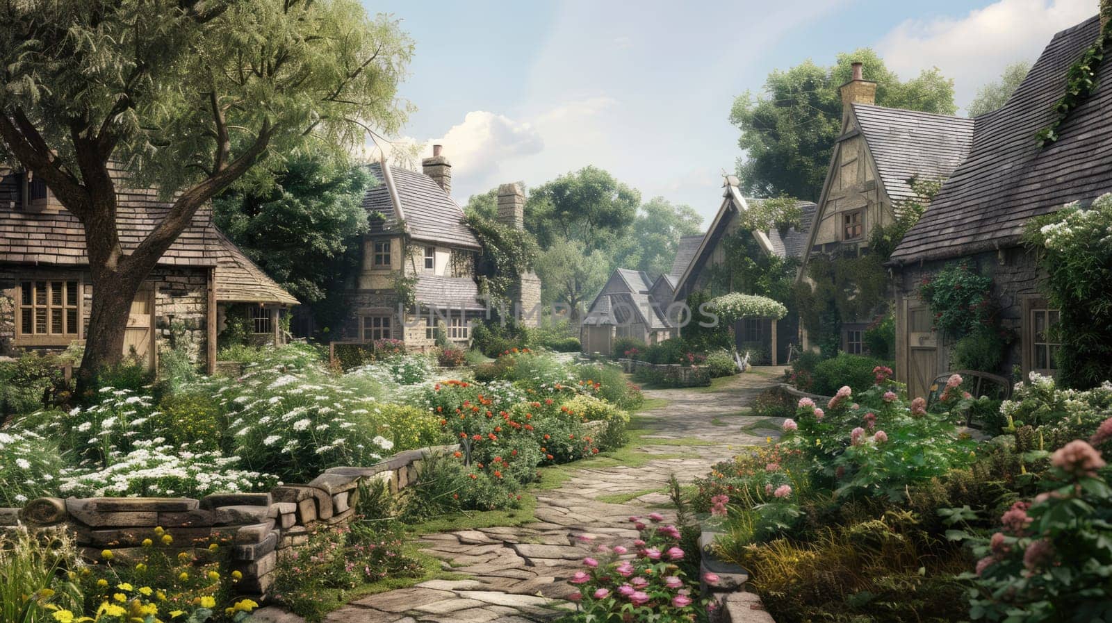 Old English stone village with beautiful flower gardens and trees. AI Generated.