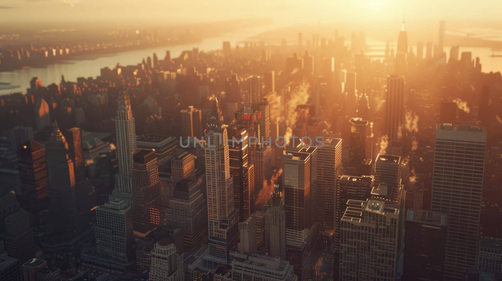 Aerial view of a big city with skyscrapers at sunset. Panorama of downtown. AI Generated.