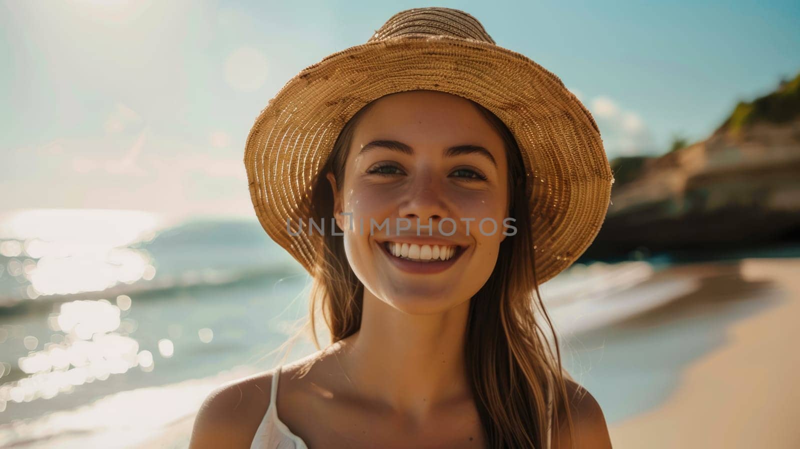 Beautiful happy smiling young woman wearing a hat on the ocean beach. AI Generated.