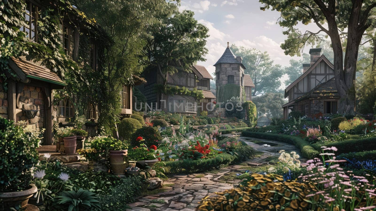 Old English stone village with beautiful flower gardens and trees. AI Generated.