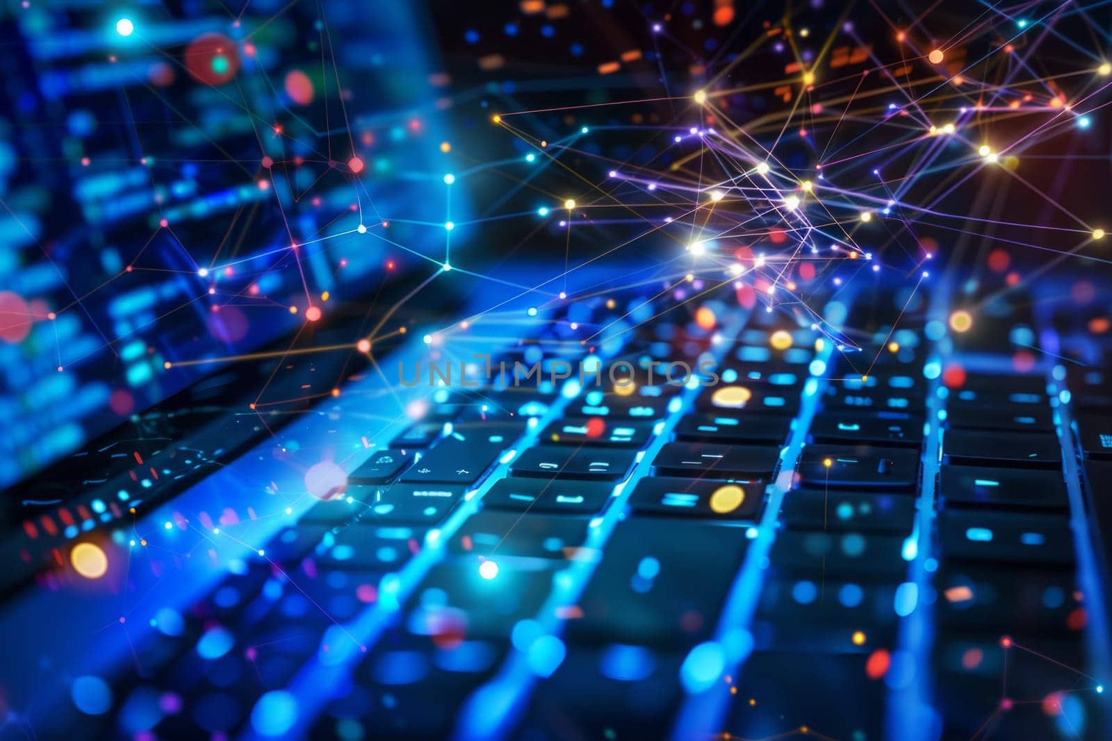 Laptop keyboard overlaid with abstract digital connections symbolizing advanced networking
