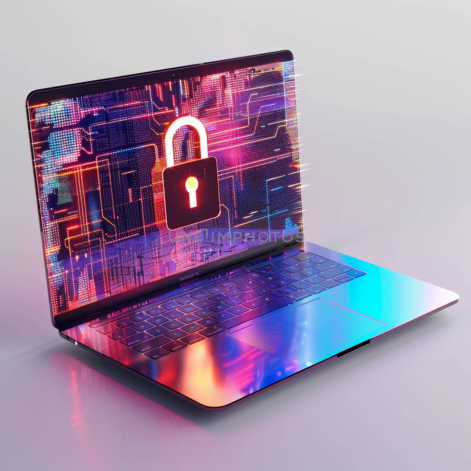 Digital illustration of an open laptop with a glowing padlock symbol, representing internet security