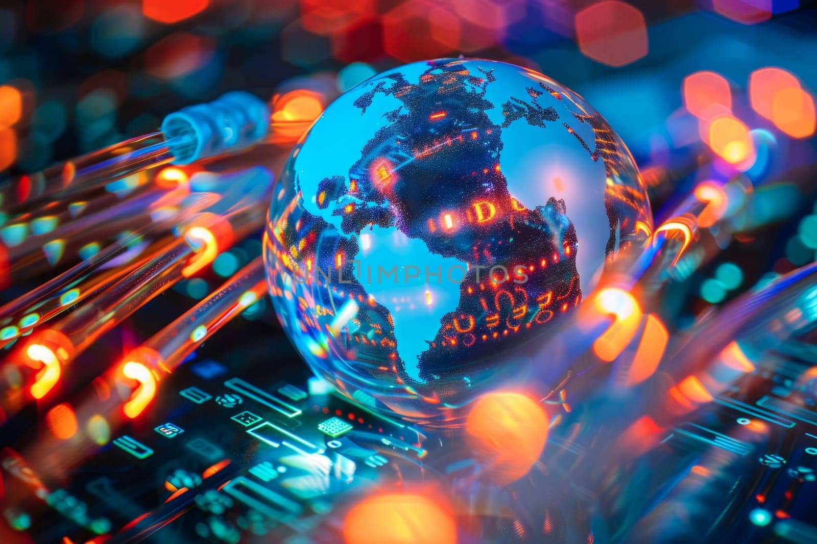 Glowing digital connections around a globe symbolizing global internet connectivity captured in a vibrant image