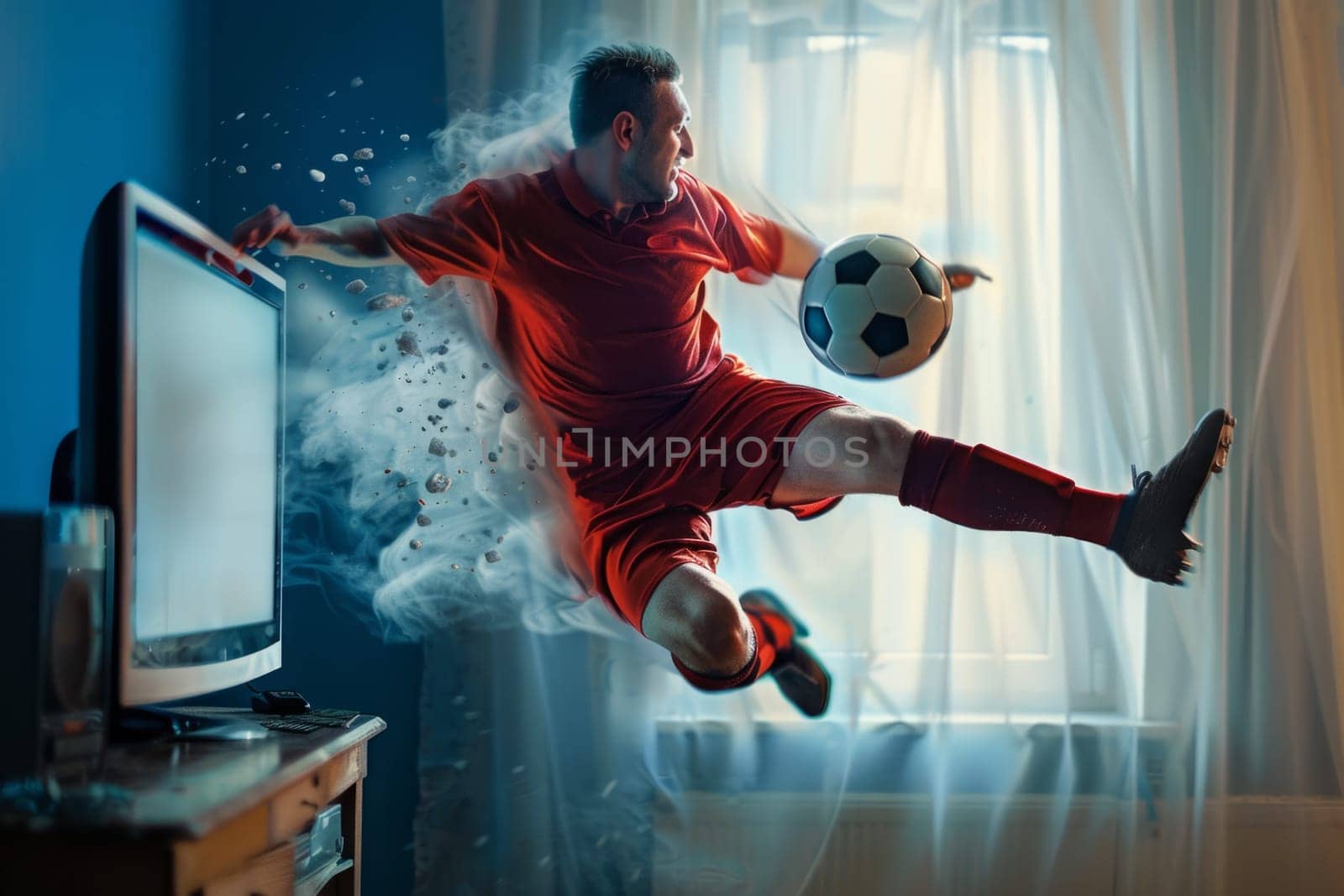 Powerful motion blur effect captures an athletic man kicking a soccer ball in a dramatic indoor setting