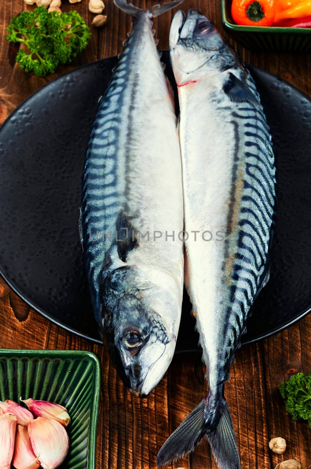 Fresh whole mackerels fish and ingredients for cooking. Raw fish served on a black plate. Flat lay