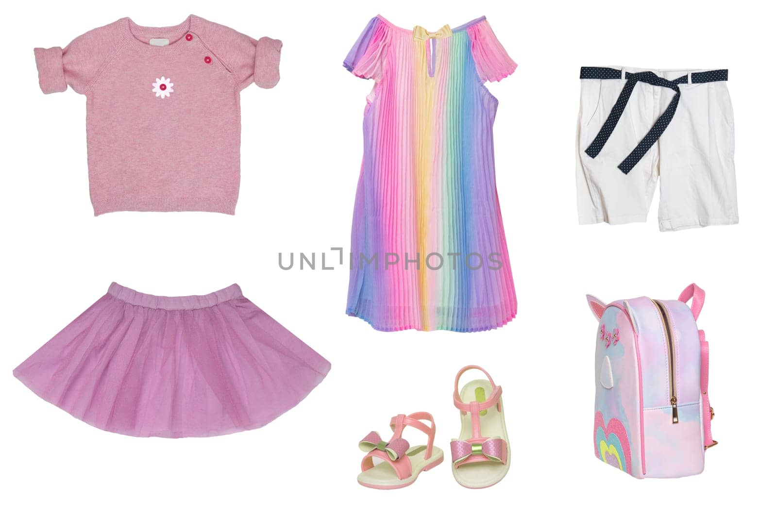 Collage set of little girl summer clothes isolated on white. Kids apparel collection. Childs fashion clothing outfit. Skirt, shorts, shirt, dresses, pants, bag, sweater, shoes.