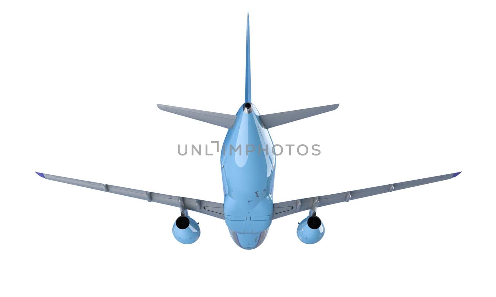 Rear view of a commercial jet aircraft in flight with a clean white backdrop