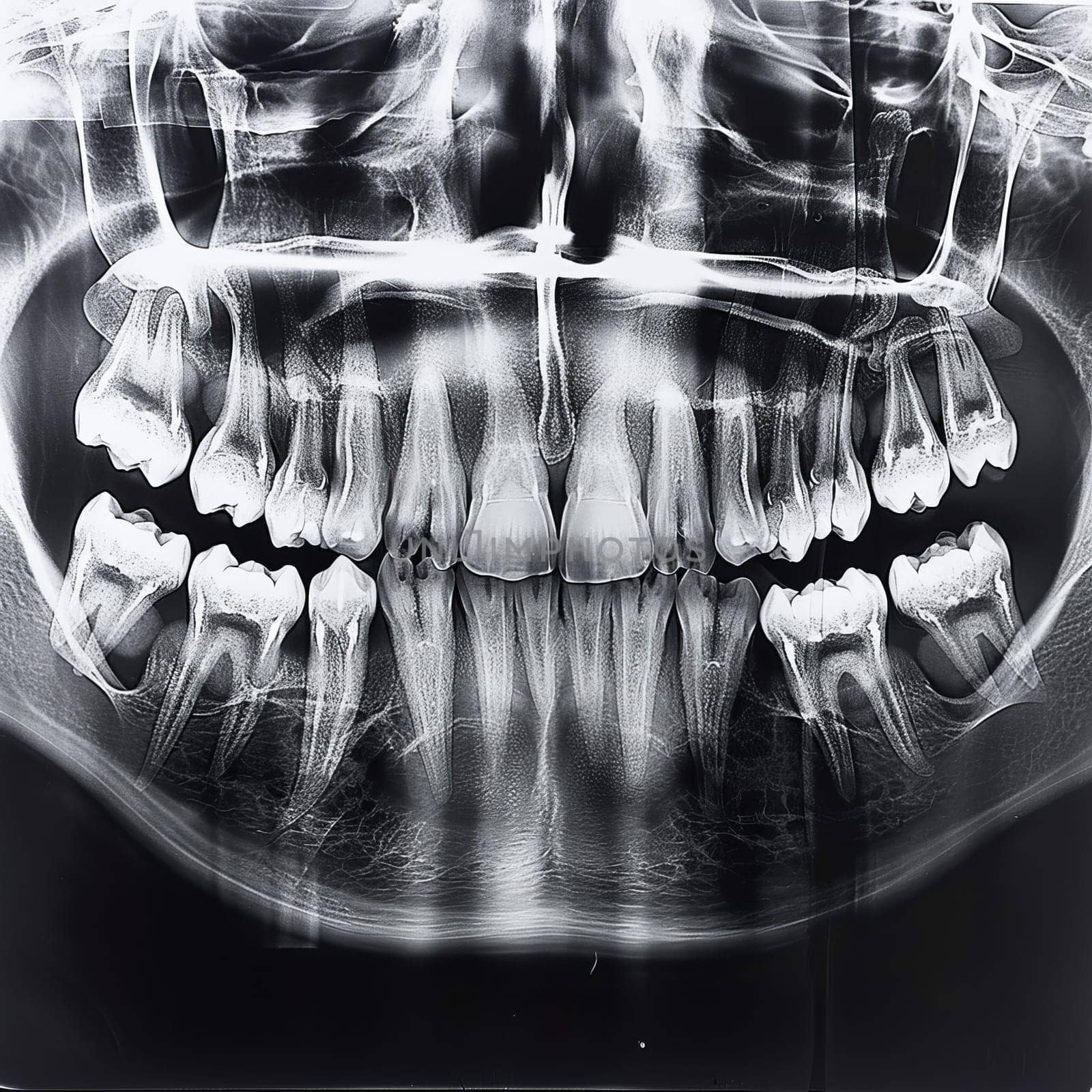 High-contrast X-ray image showing detailed human teeth and jawbone structure