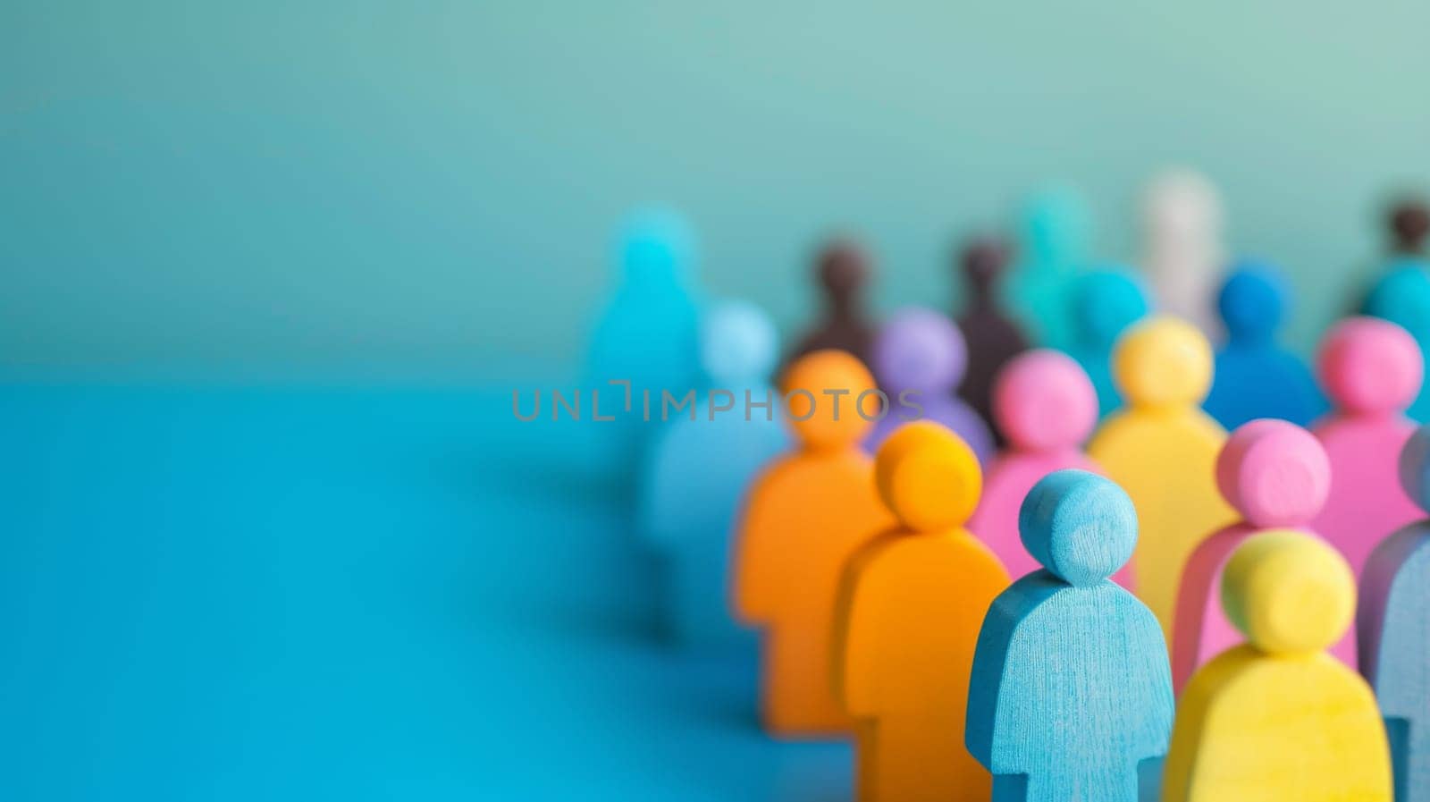 A row of various colorful paper figures standing upright in a line. Each figure is uniquely designed and positioned next to one another. The paper people appear to be in formation, creating a visually striking display.