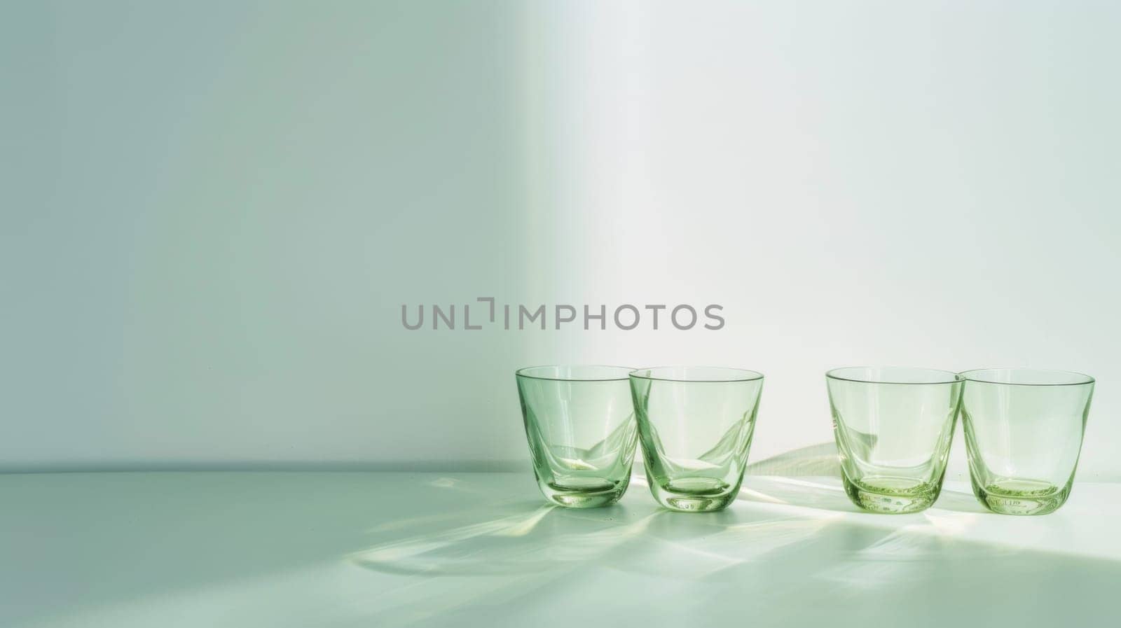 A group of identical green glasses sits neatly arranged on top of a wooden table. The glasses are filled with clear liquid, likely water or soda, creating a refreshing sight.