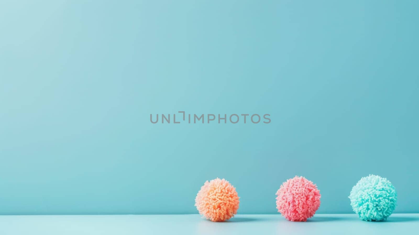 Three colorful balls of yarn are placed neatly on top of a wooden table, creating a visually appealing scene. The yarn is soft and fluffy, with various textures and hues adding interest to the composition.
