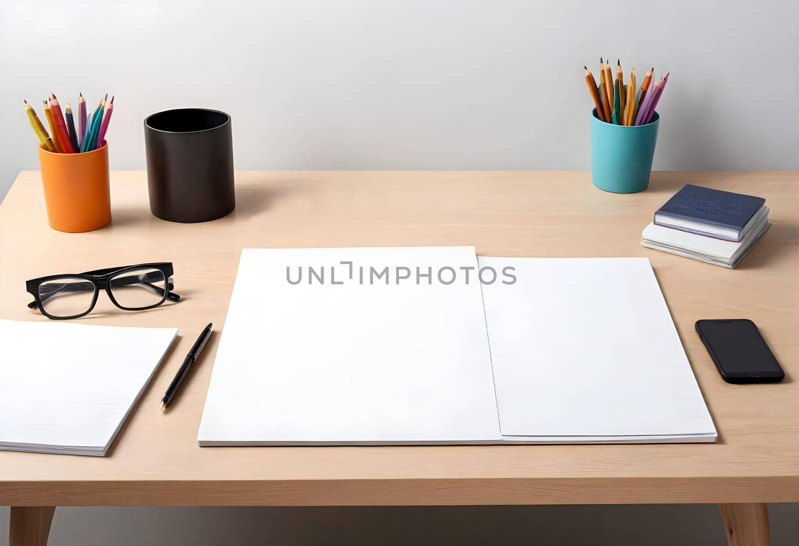 AI generated of a desk with a notebook, pencils, and other items
