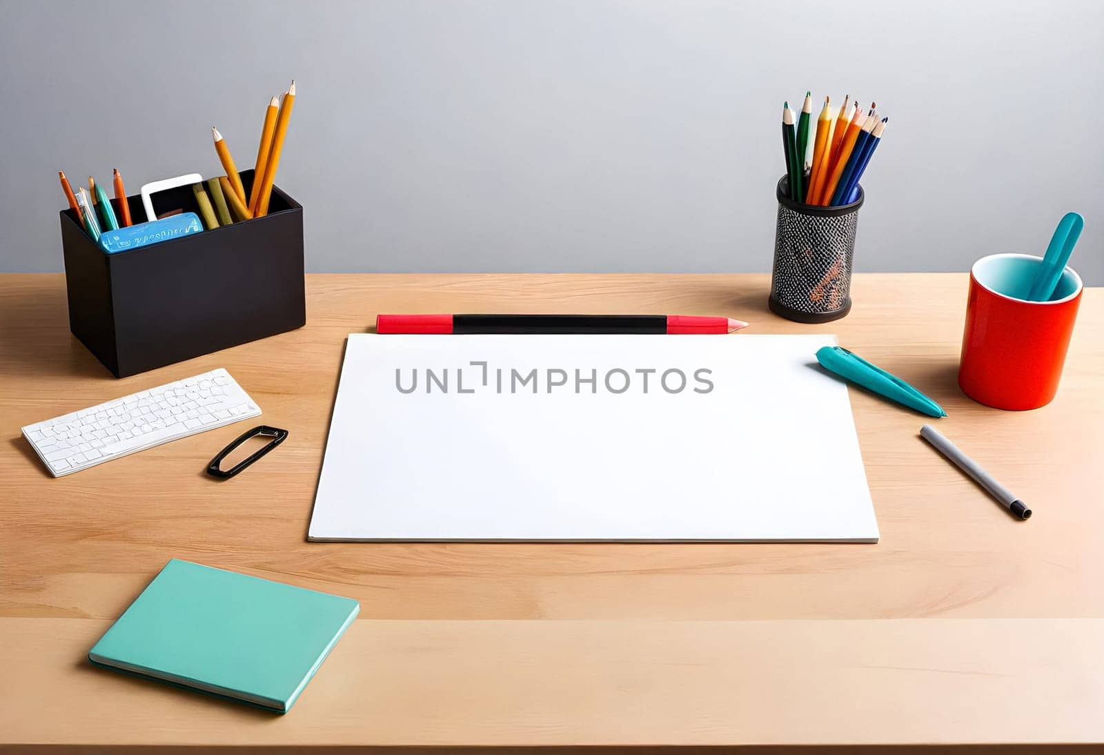 AI generated of a desk with a blank piece of paper, pens, pencils, and other office supplies