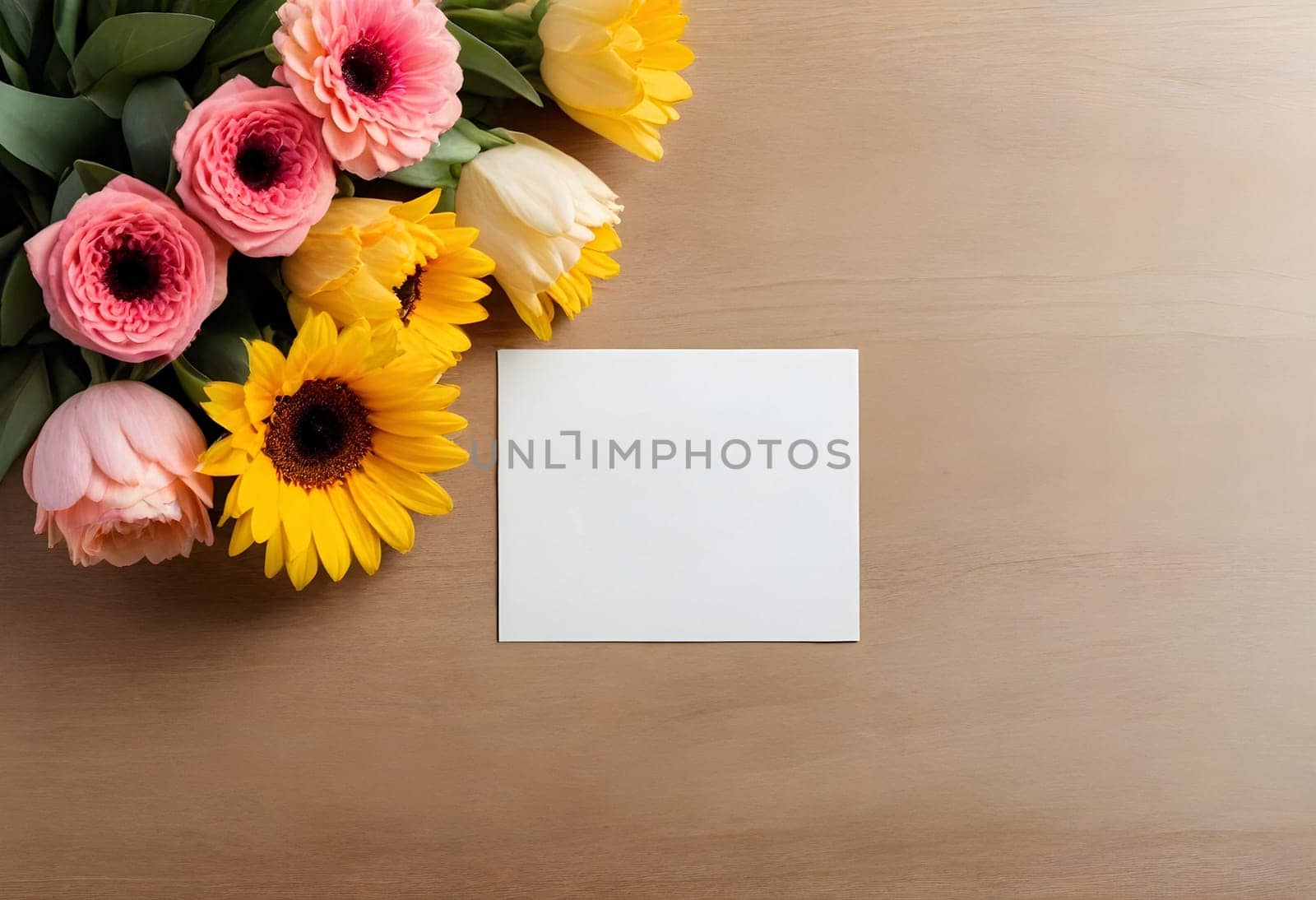 AI generated of a bouquet of flowers and a blank card on a wooden table