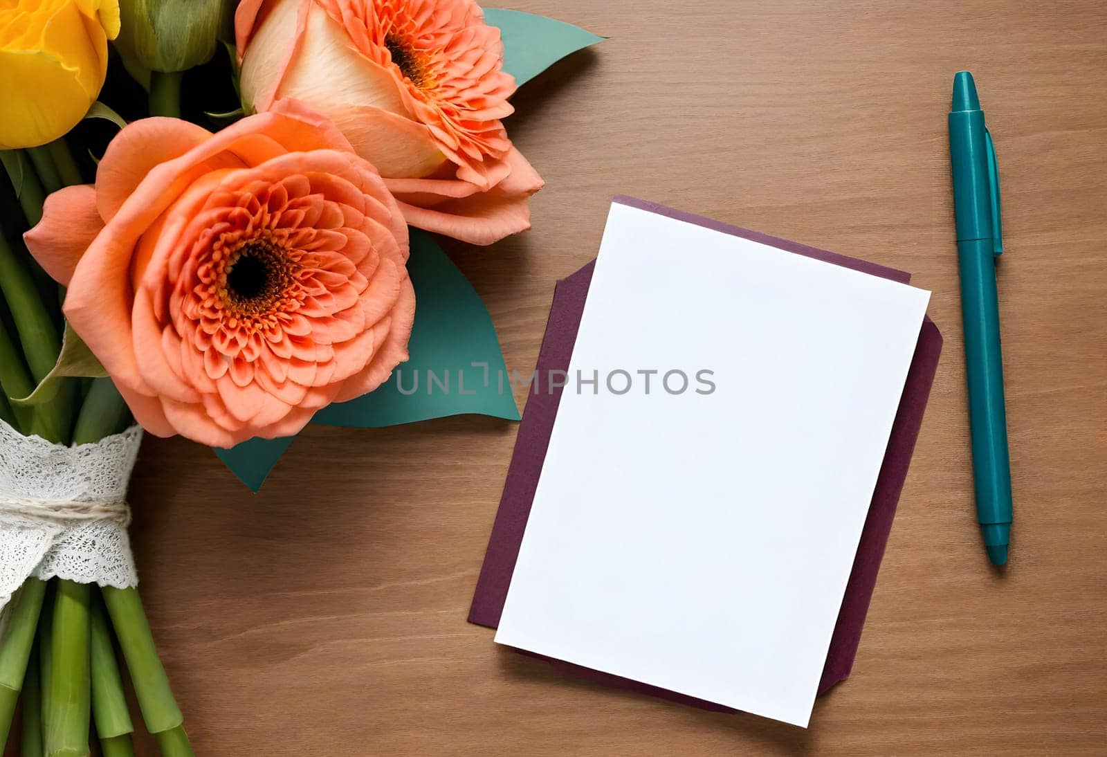 AI generated of flowers and blank paper on wooden table