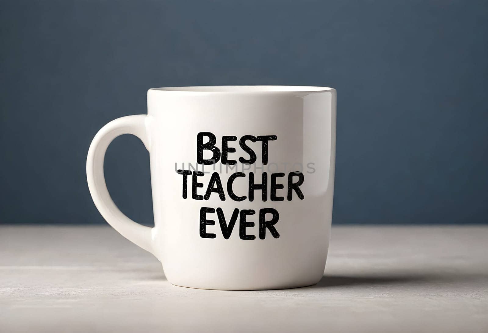 AI generated of best teacher ever mug on the table with blue background