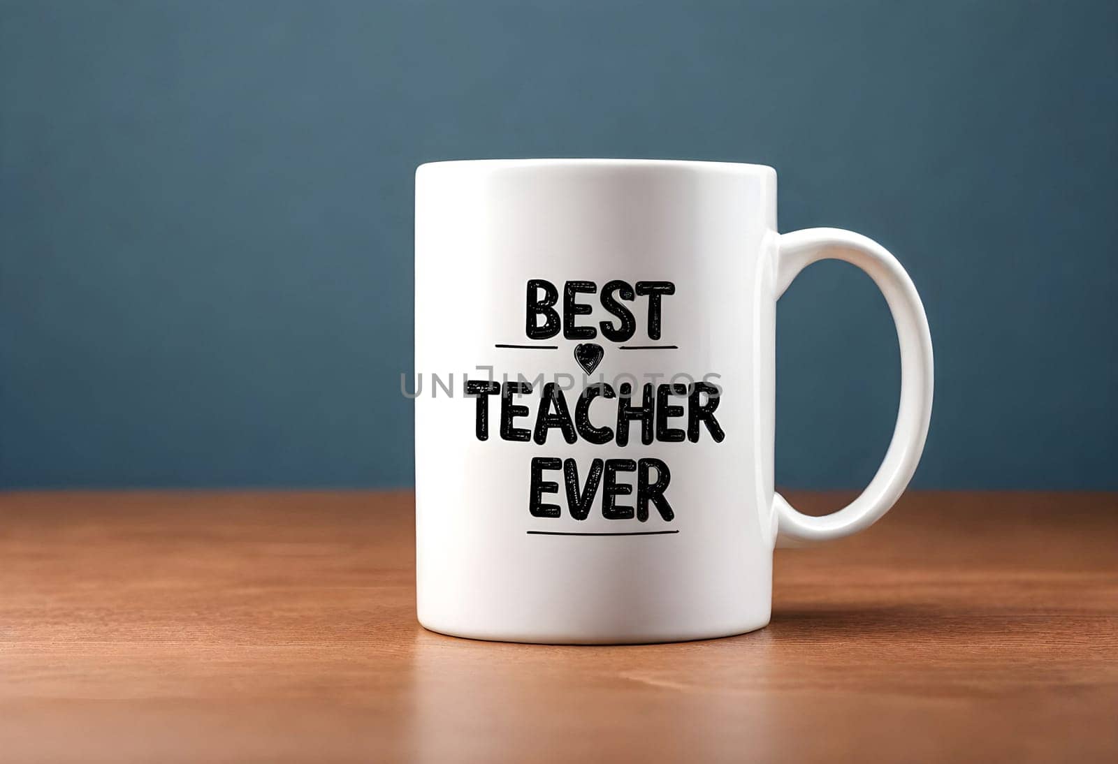 AI generated of a white coffee mug on the wooden table with the words best teacher ever