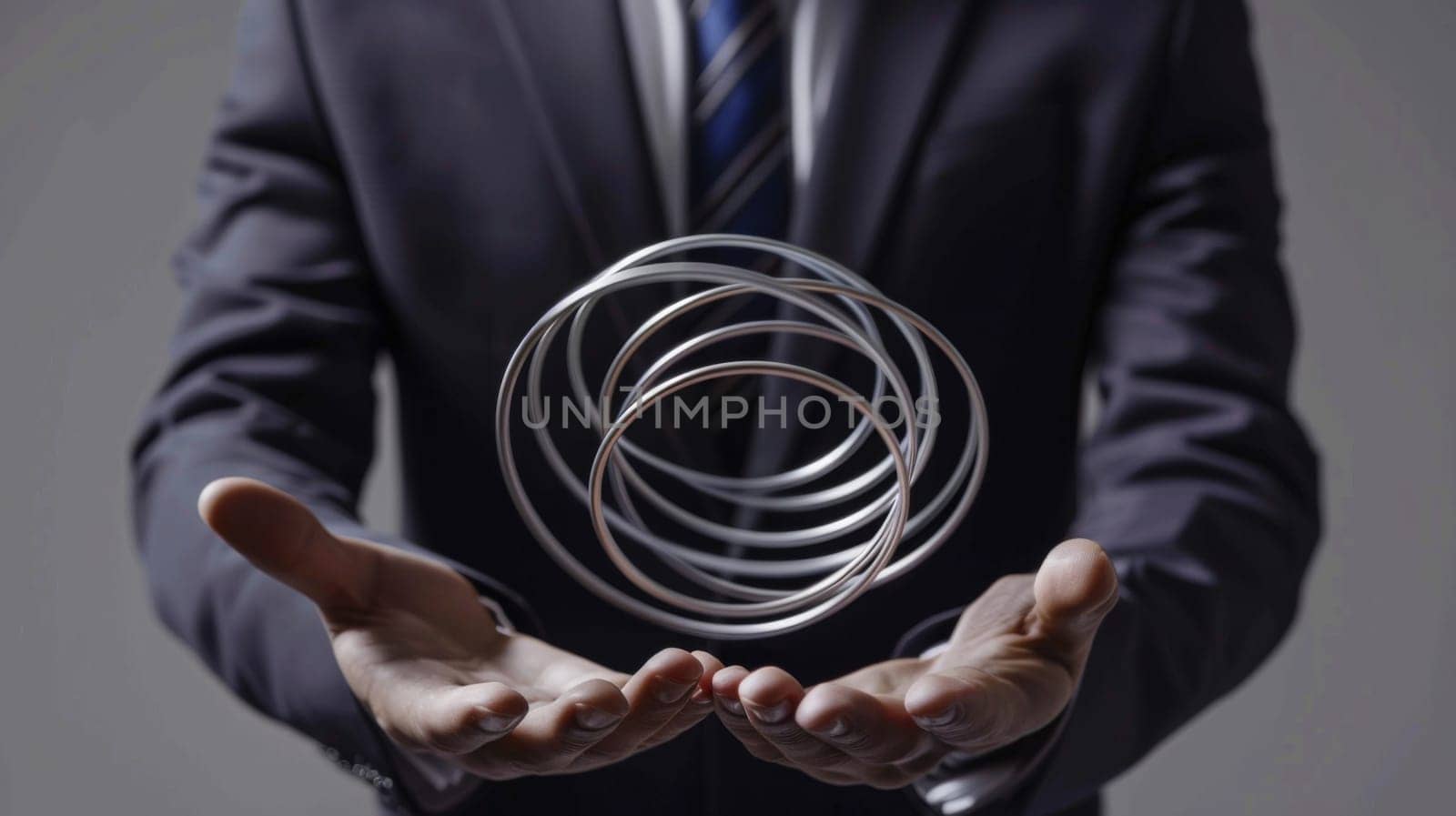 A man dressed in a stylish suit is holding a metal object in his hands. He appears focused and determined as he grips the object firmly.