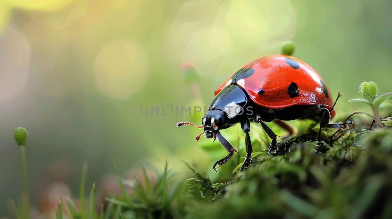 A red and black bug is perched on top of a vibrant green plant. The bug appears to be still, showcasing its striking colors against the plants leaves.