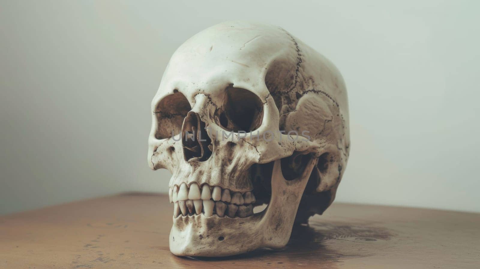 A human skull rests on top of a wooden table, the stark contrast between the polished wood and the aged bone creating a macabre yet intriguing scene. The skulls empty eye sockets seem to stare into the distance, evoking a sense of mortality and contemplation.