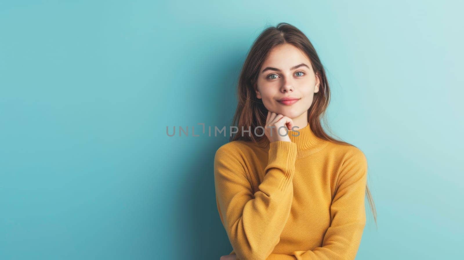A woman with long brown hair wearing a bright yellow sweater is striking a pose for a camera. She is standing confidently with one hand on her hip and a slight smile on her face, looking directly at the camera.