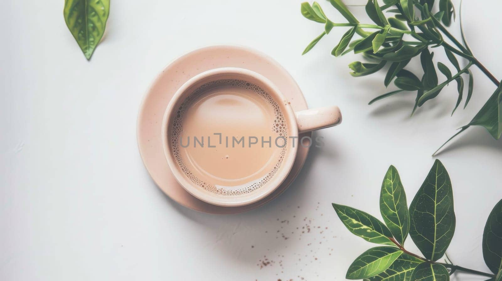 A cup filled with coffee sits beside a cluster of fresh green leaves on a wooden surface. The steam rising from the coffee indicates its warmth, contrasting with the cool tones of the leaves.