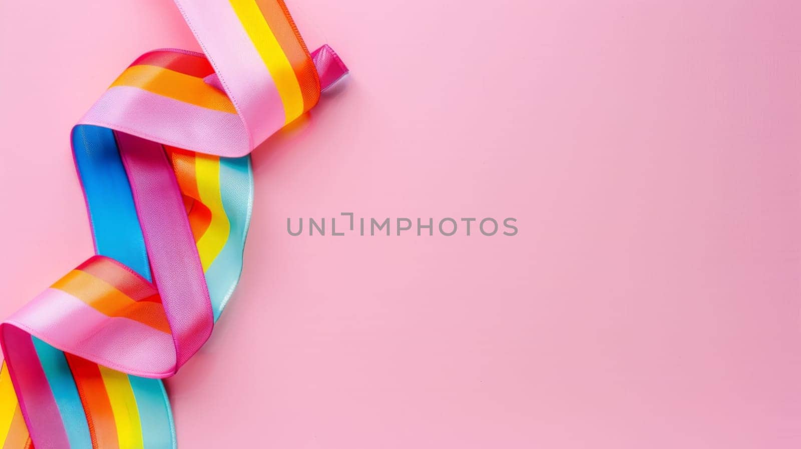 A vibrant ribbon in rainbow colors stands out against a soft pink backdrop. The ribbon is neatly arranged, showcasing a spectrum of colors in a gradient pattern.