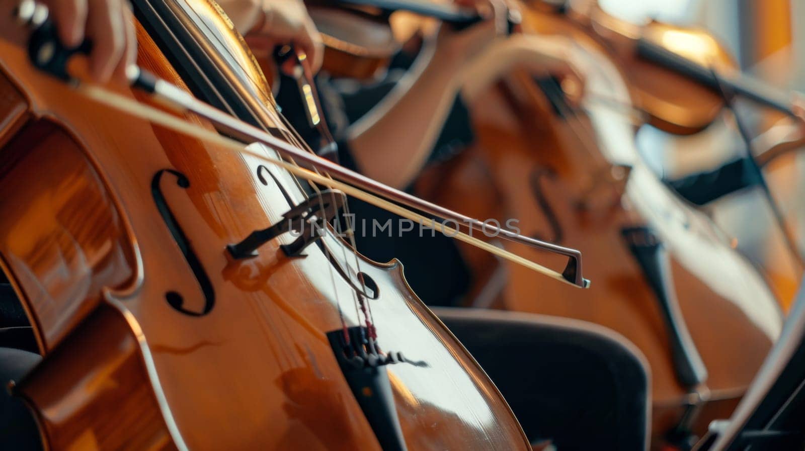A row of cellos lined up next to each other in a music room. The wooden instruments are positioned neatly, ready for a performance or practice session.