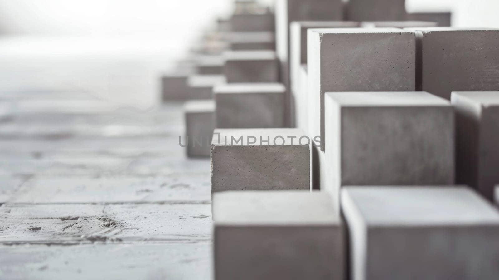 A line of concrete blocks is neatly arranged on top of a solid floor, creating a linear pattern in the space. The blocks appear sturdy and heavy, suggesting a functional aspect to the scene.