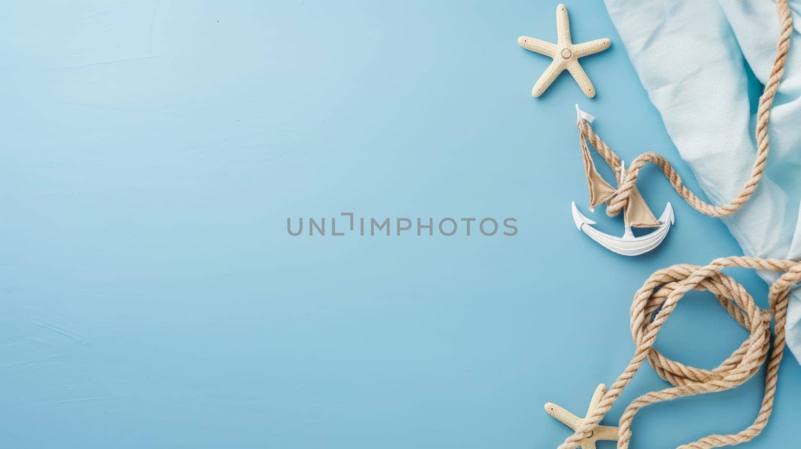 A rope, a starfish, and a bottle of water are arranged on a blue background. The rope is coiled, the starfish is vibrant orange, and the water bottle is clear plastic.