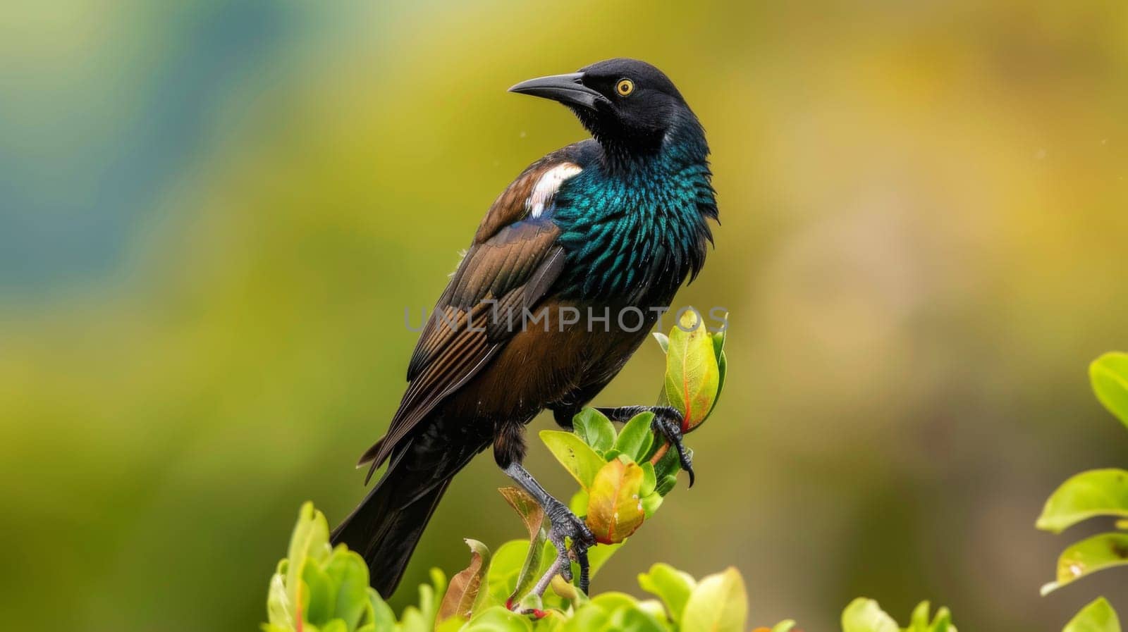 A bird with colorful feathers is perched on a tree branch, looking out into the distance. The bird seems calm and observant as it sits on the sturdy branch high above the ground, surrounded by leaves and twigs.