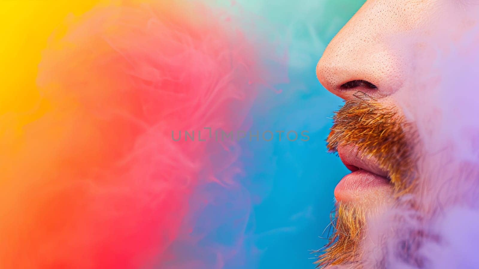 A close-up view of a man with a thick beard and a well-groomed mustache. The details of his facial hair are clear, showcasing a mix of colors and textures. The mans expression is neutral, allowing for a focus on his distinctive facial features.