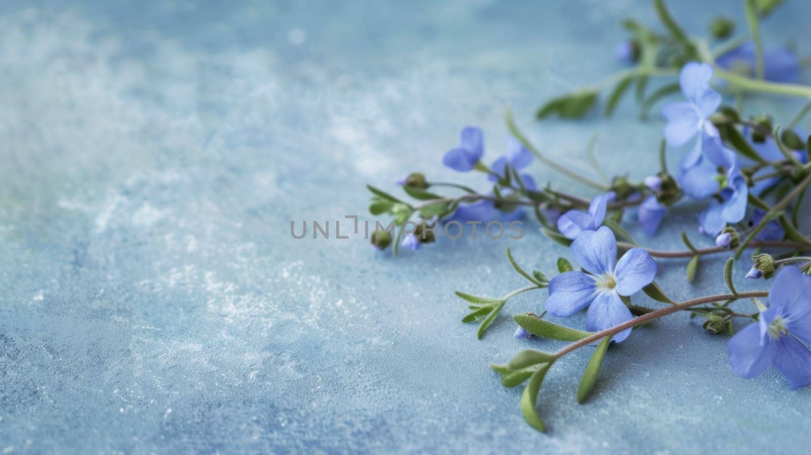 Multiple blue flowers have been carefully arranged on top of a wooden table, creating a vibrant and colorful display. The flowers are in full bloom, showcasing their delicate petals and bright hues.