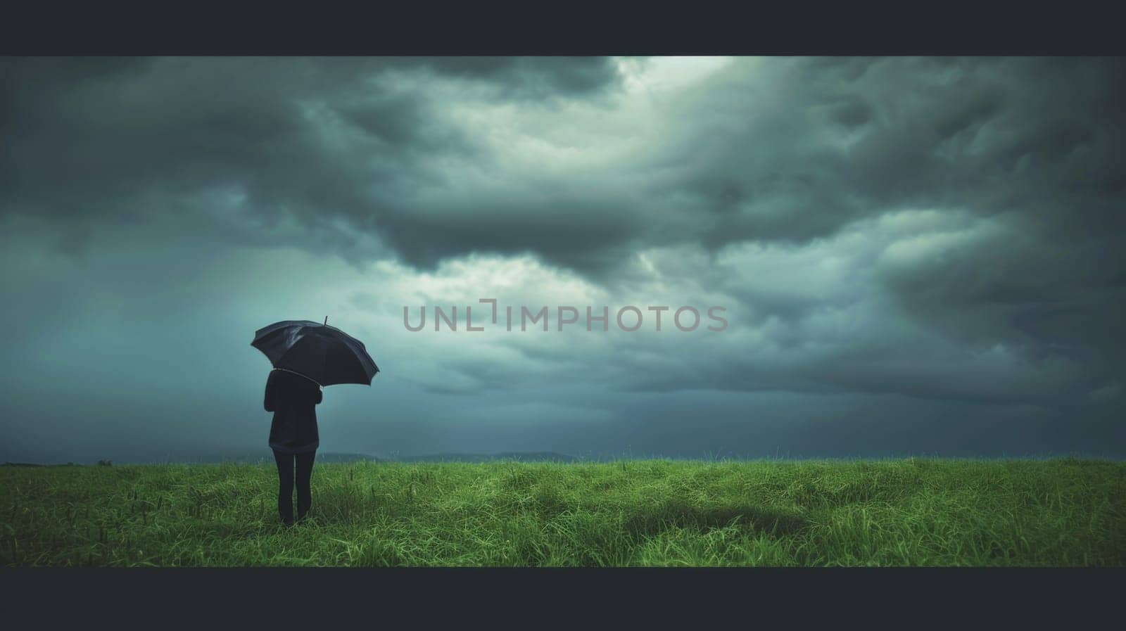A person is standing in an open field, holding an umbrella as protection from the rain. The individual is alone, surrounded by green grass and a cloudy sky.