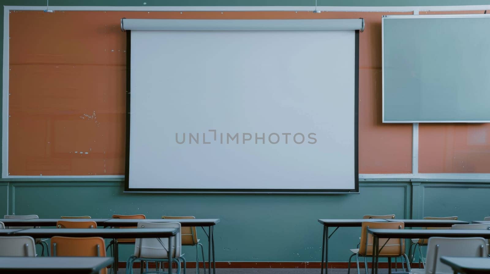 An empty classroom featuring a large screen on the wall, surrounded by desks and chairs. The classroom looks unused, with the projector screen being the main focal point.