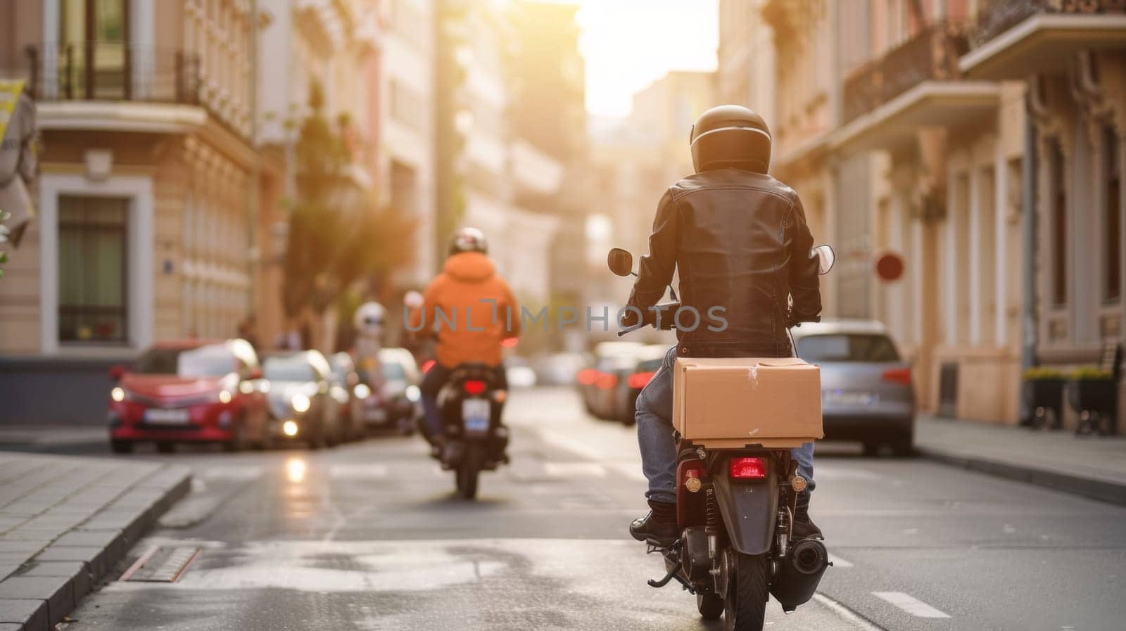 Two individuals are riding motorcycles down a bustling city street. The motorcyclists are navigating through traffic and blending in with the urban landscape.