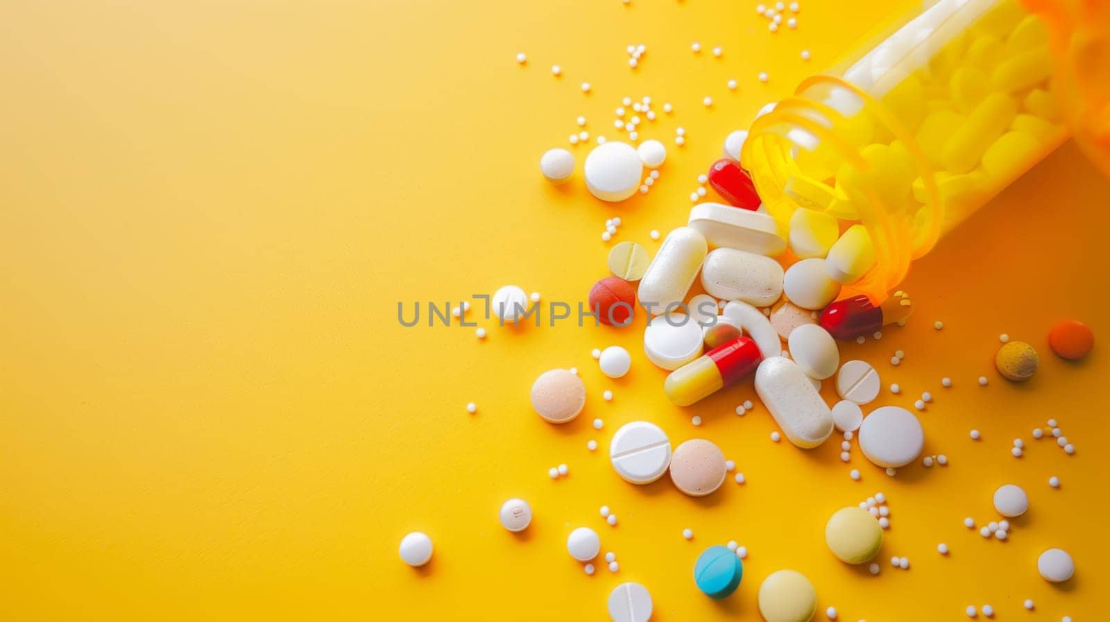 Several pills are spilling out of a white pill bottle onto a bright yellow surface. The pills are scattered and lying haphazardly on the yellow background.