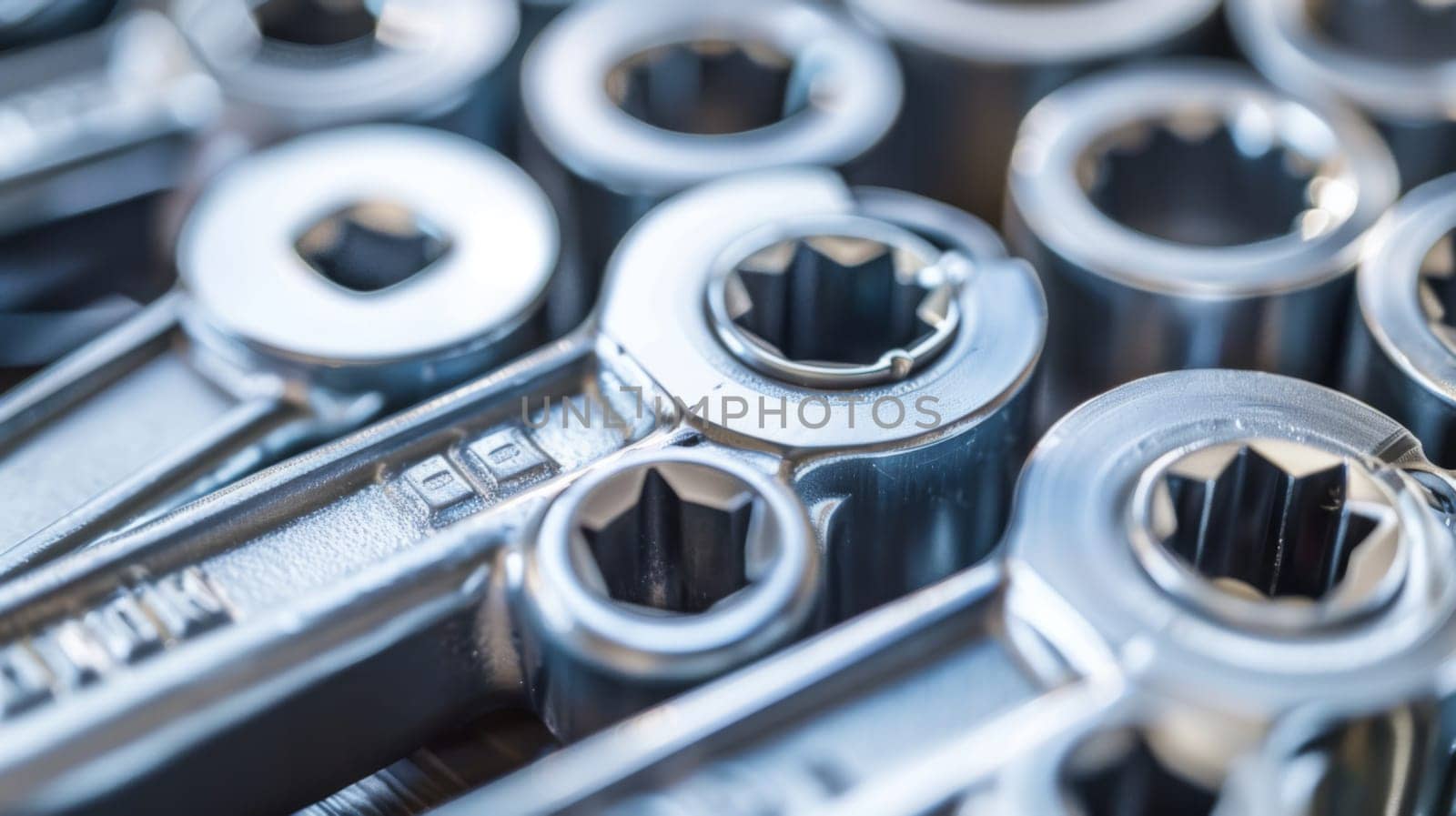 A close-up view of numerous wrenches of various sizes and shapes tightly packed together. The wrenches are metal tools commonly used for tightening or loosening nuts and bolts in mechanical work.