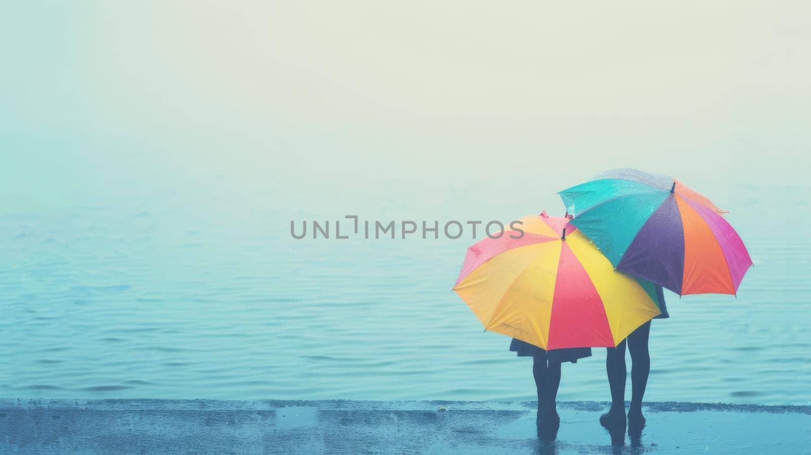 Two individuals, a man and a woman, are standing on a sandy beach. They are holding open umbrellas to shield themselves from the sun. The couple appears relaxed and is enjoying the beach setting.