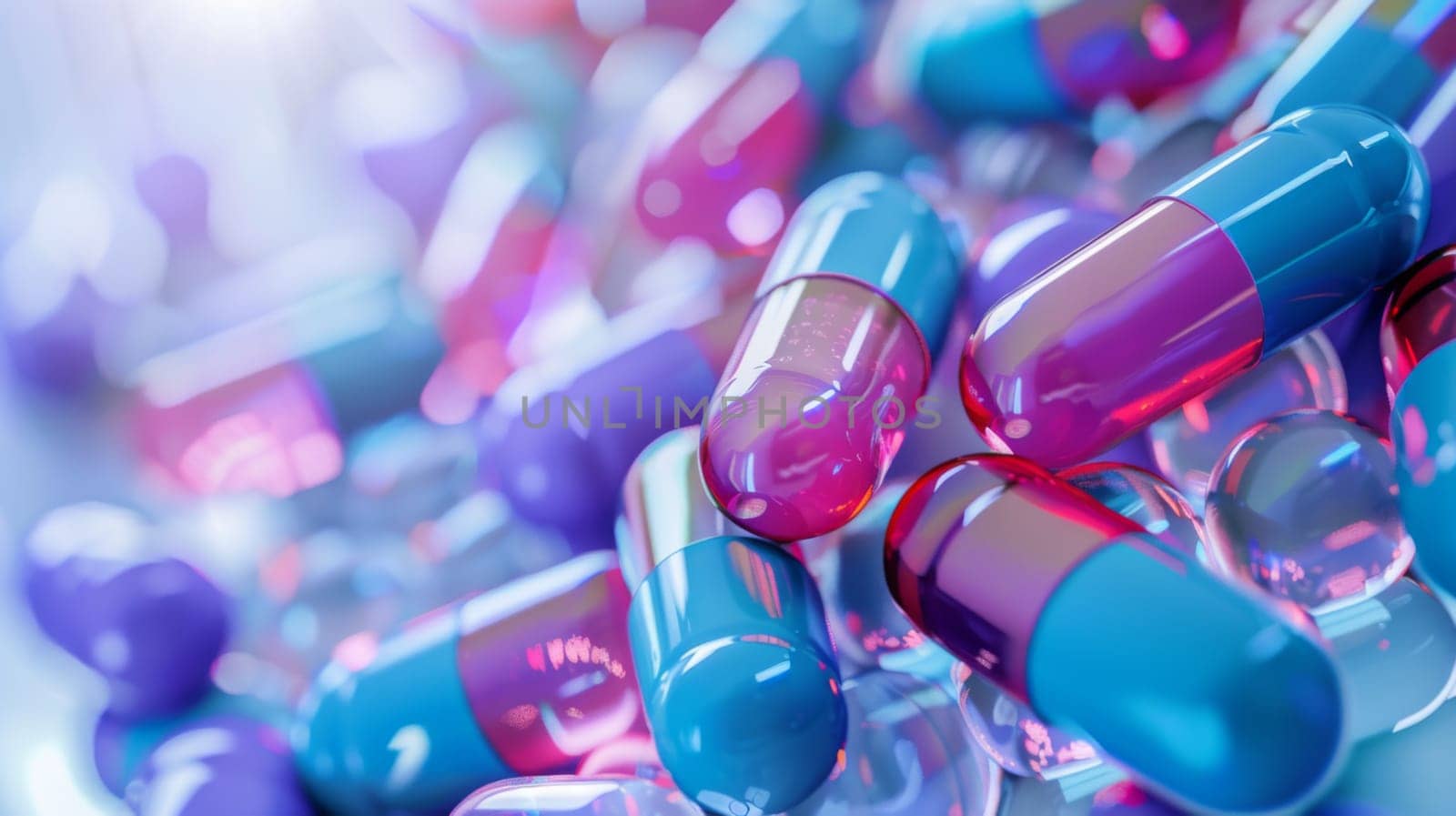 A close-up view of a cluster of small, round blue and pink pills arranged together. The pills are brightly colored and neatly lined up in a random pattern, filling the frame.