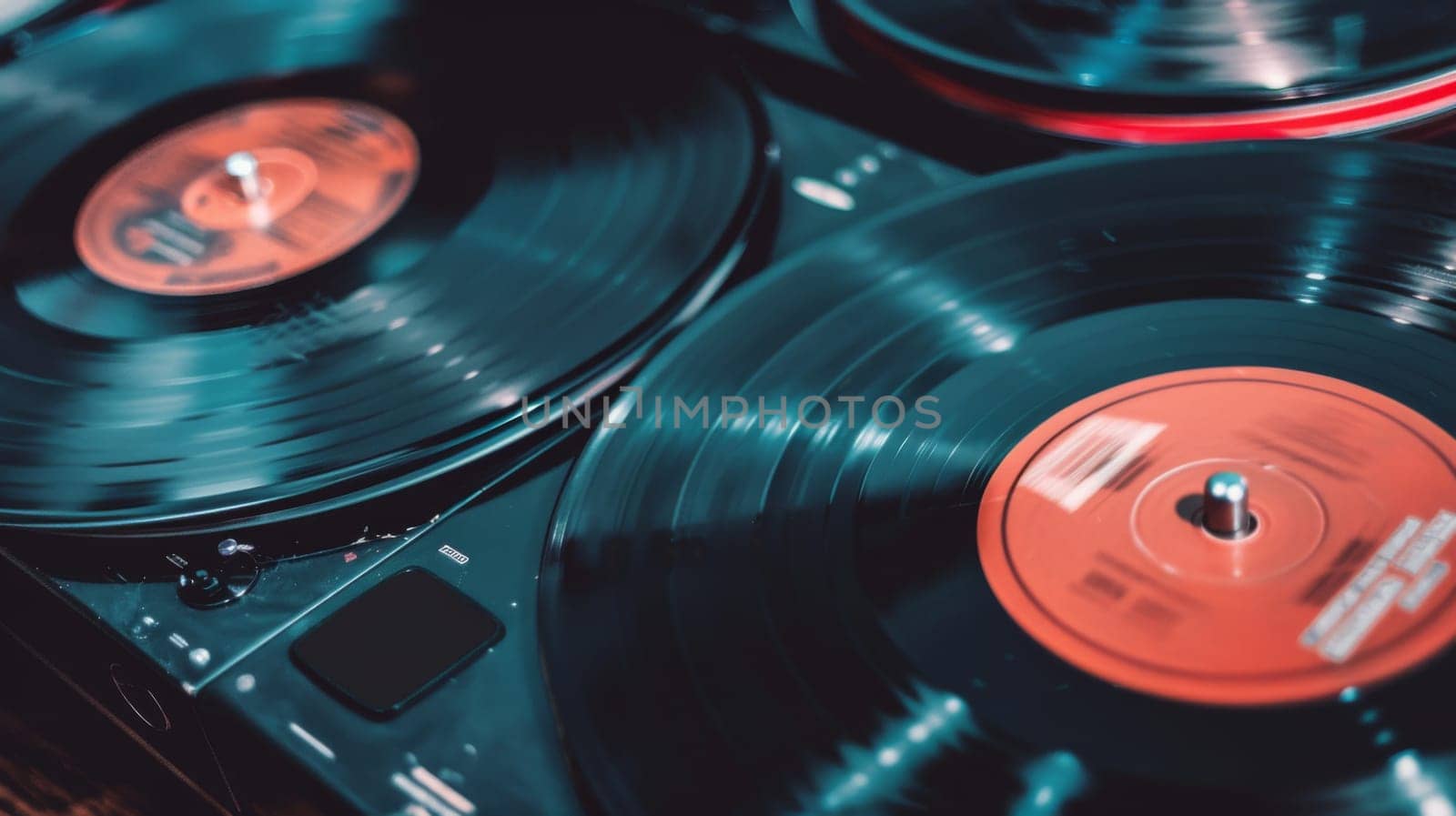 This close-up shot showcases two turntables placed on a table, likely part of a DJ setup. The turntables appear to be in good condition with visible control buttons and vinyl records on the decks.