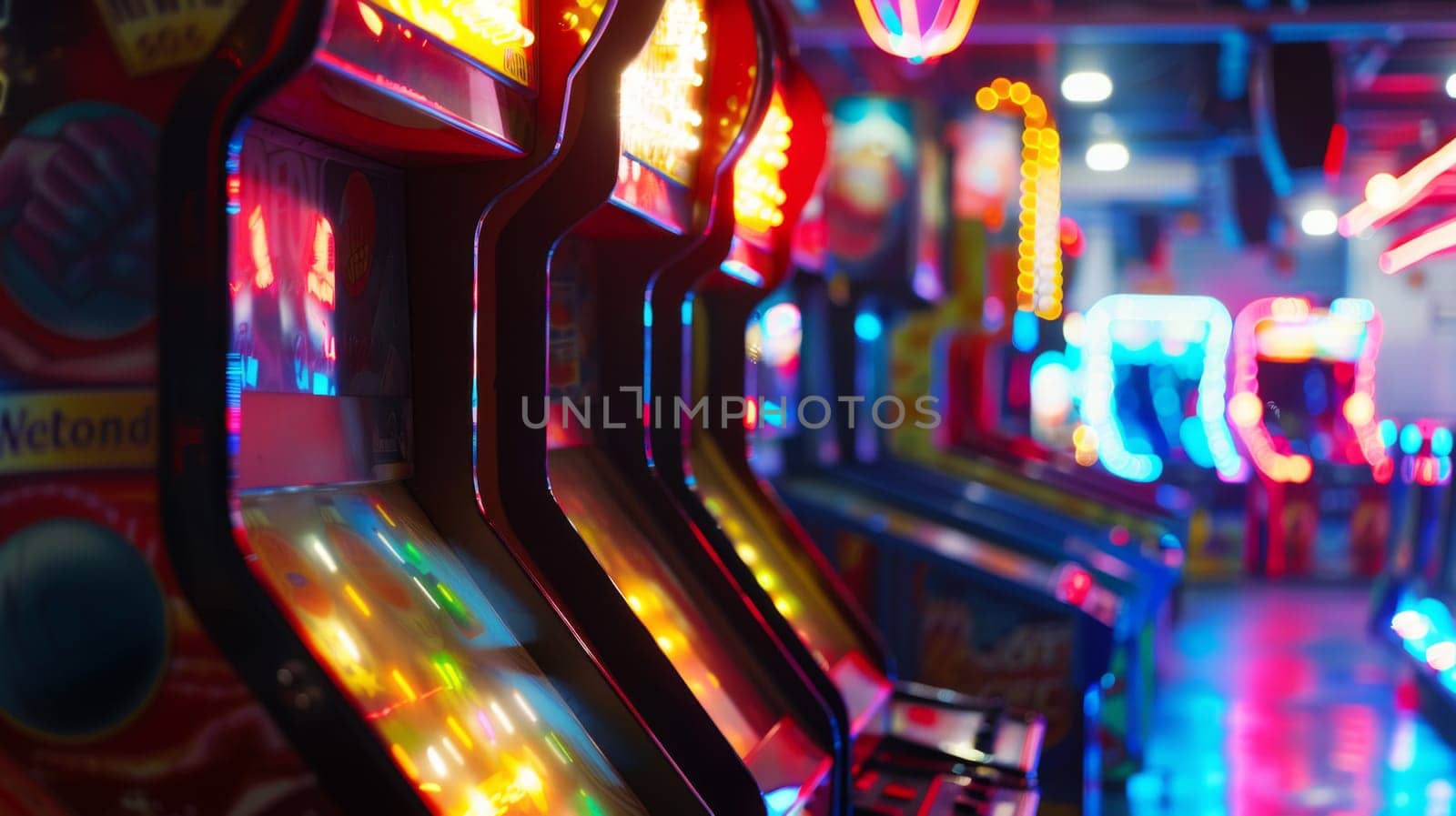 This room is brightly lit with neon lights of various colors, creating a lively and dynamic atmosphere. The lights are casting a colorful glow on the walls and furniture, transforming the space into a visually striking environment.