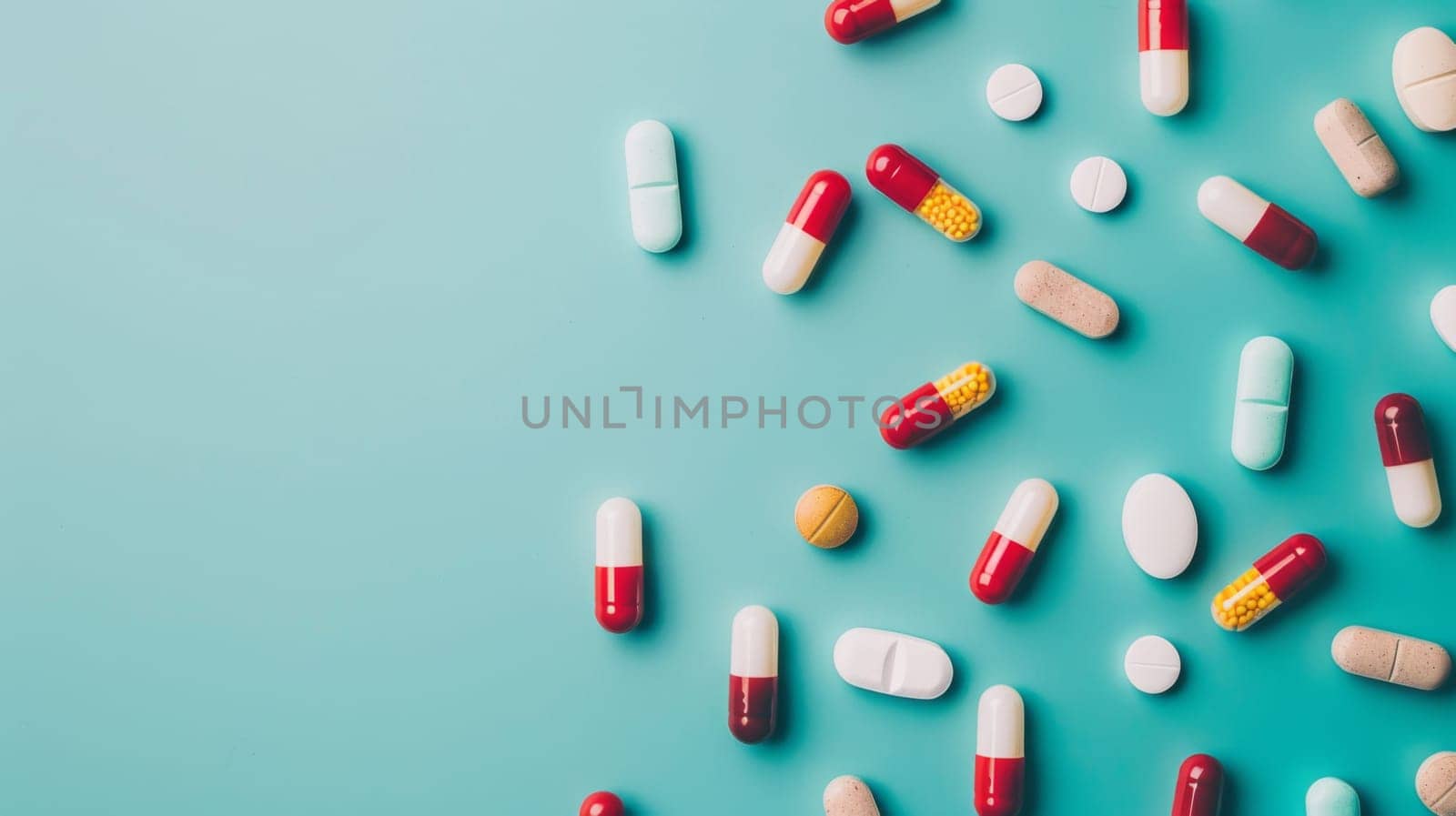 A collection of various pill capsules and tablets arranged neatly on a solid blue background. The pills are of different colors, shapes, and sizes, creating a contrasting and eye-catching display.