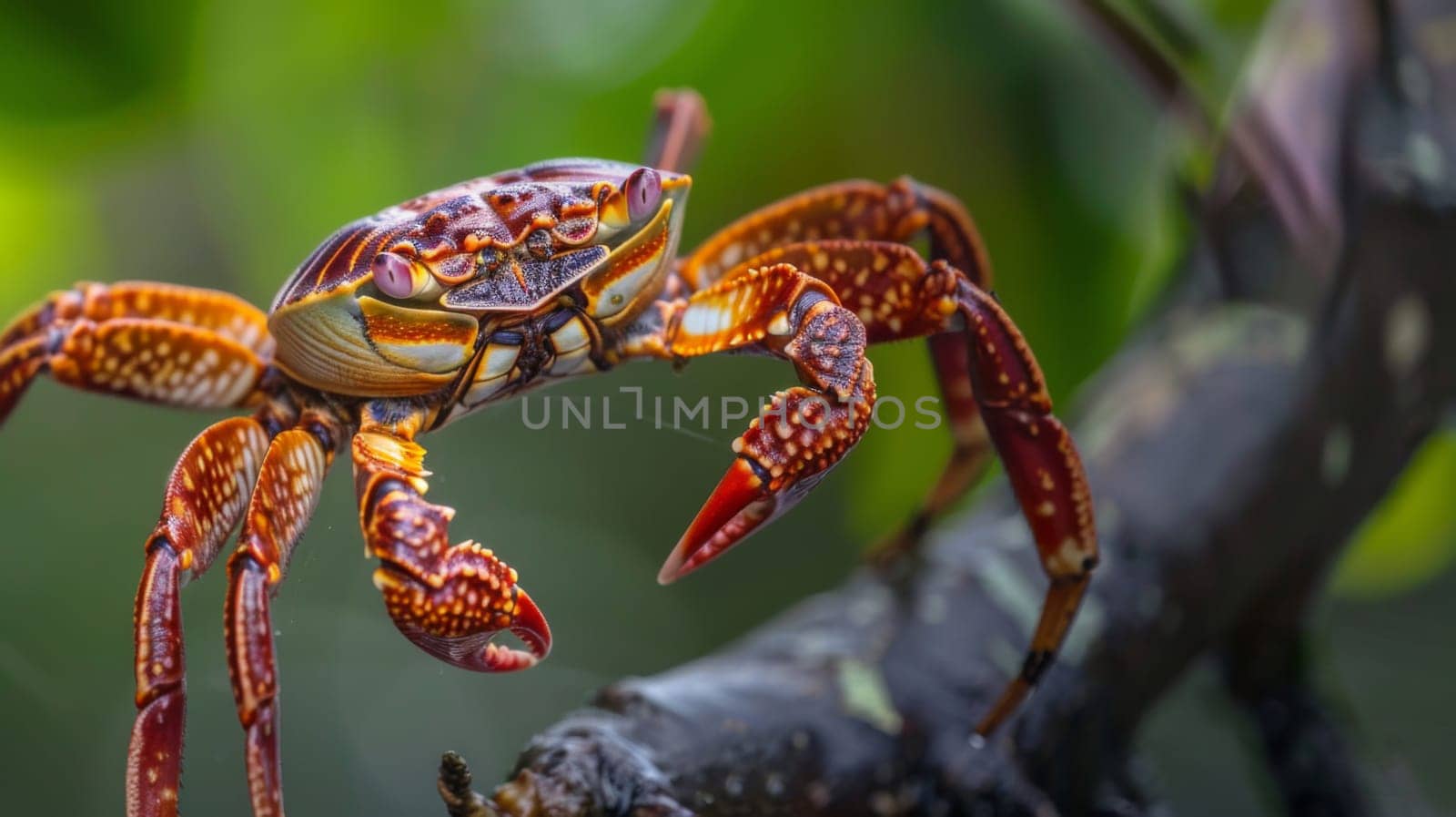 This close-up shot shows a crab perched on a tree branch. The crabs intricate shell and pincers are visible, as it navigates the rugged surface of the branch.
