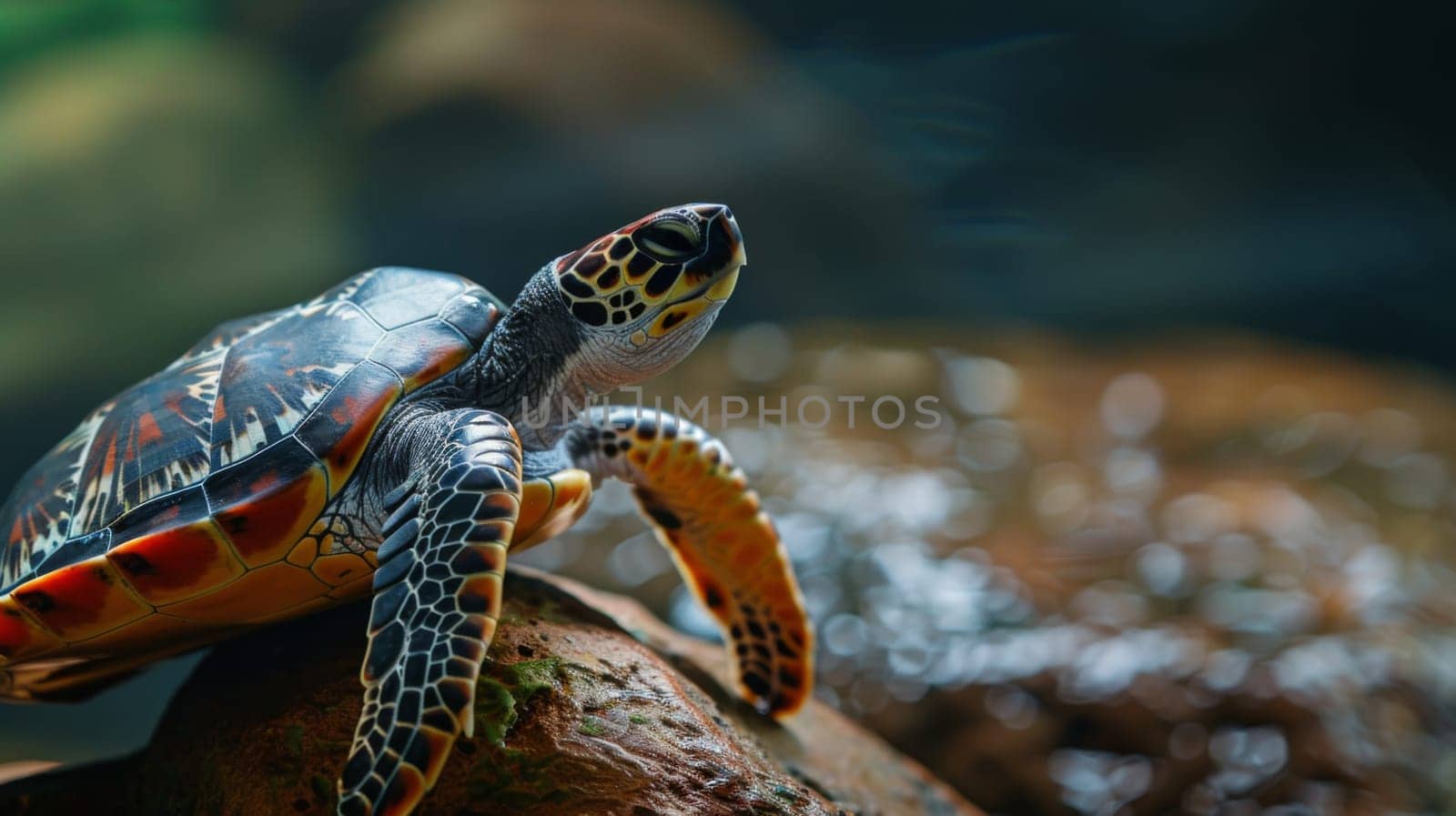 A close-up of a turtle perched on a rocky surface, basking under the sun. The reptiles shell is intricately patterned, blending with the rugged texture of the rock. Its head is slightly raised, observing its surroundings with a sense of calmness.