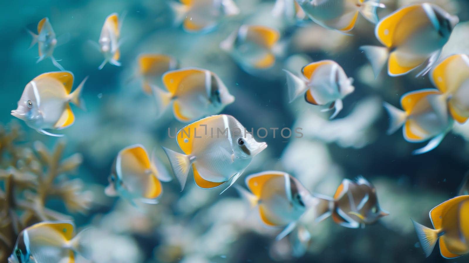 A group of small fish with yellow and white coloring are seen swimming together in clear water. The fish are moving swiftly, darting in synchronization as they navigate their underwater environment.
