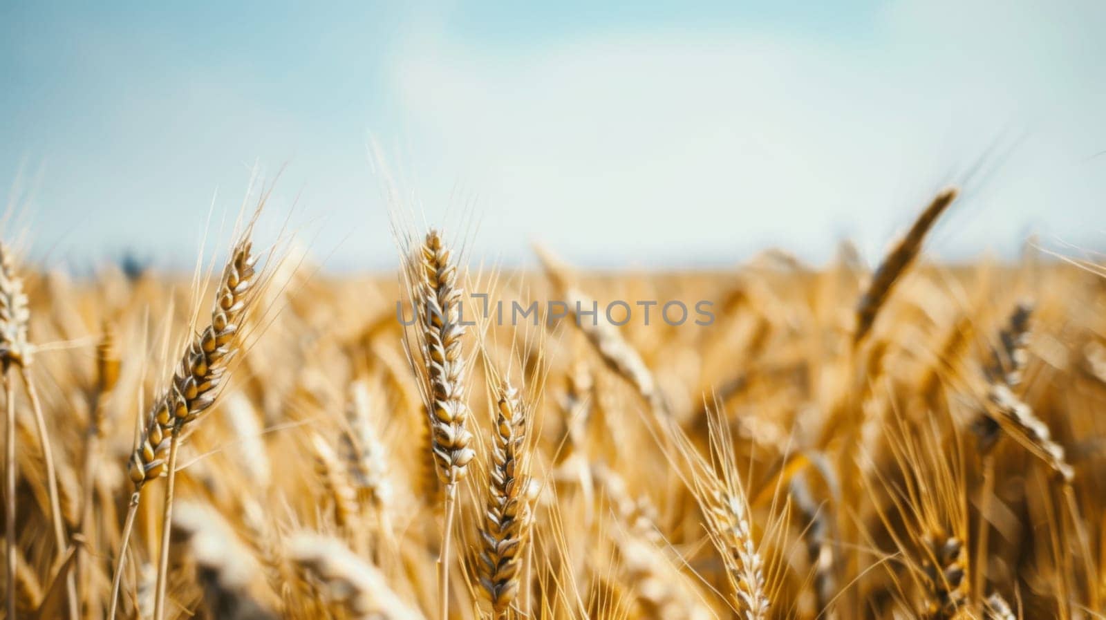 A vast field of golden wheat stretches into the distance with a clear blue sky as the backdrop. The wheat sways gently in the breeze under the bright sun, showcasing a serene agricultural landscape.